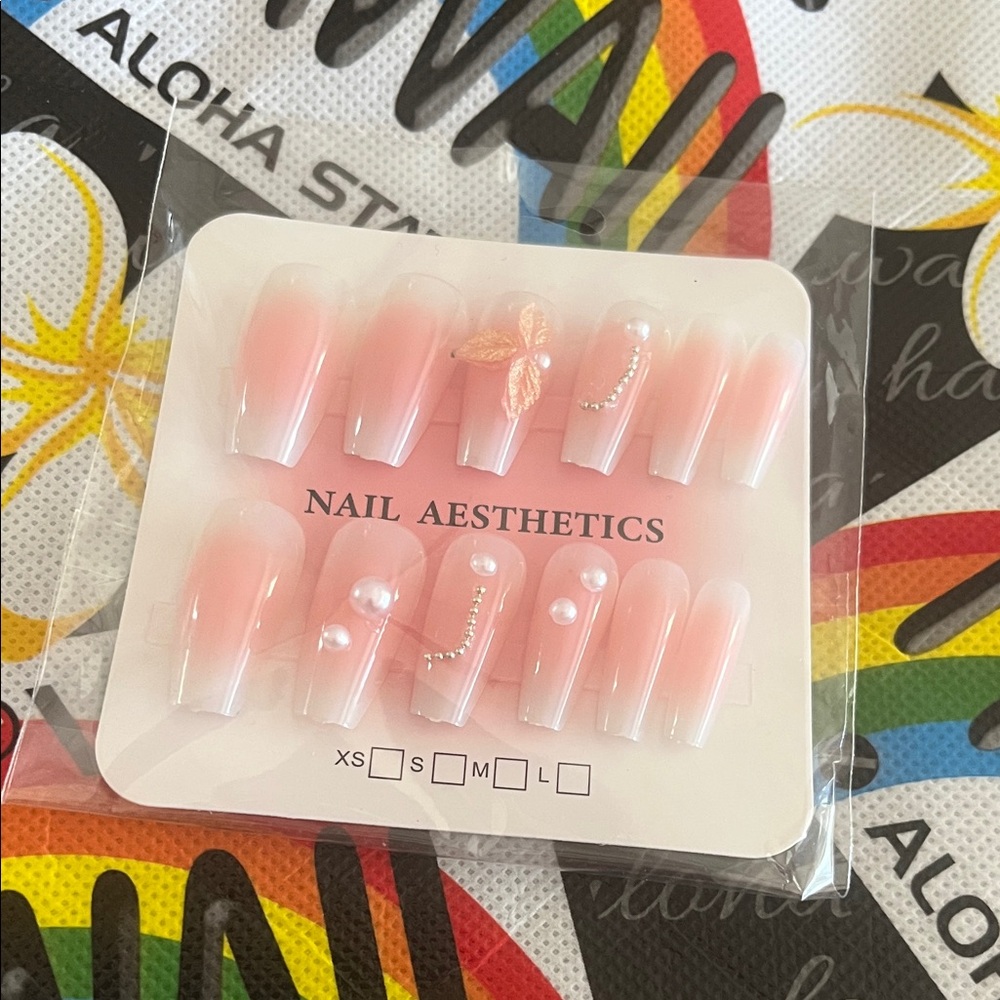 NAIL AESTHETICS Pink Ombre Press-On Nails with Pearl & Butterfly Accents 🩷💅🏼